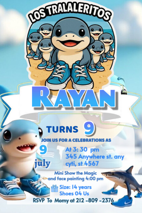Memes italianos | Los tralaleritos | Brainrot italian | tralalero tralala invitation Brithday party Plakat template